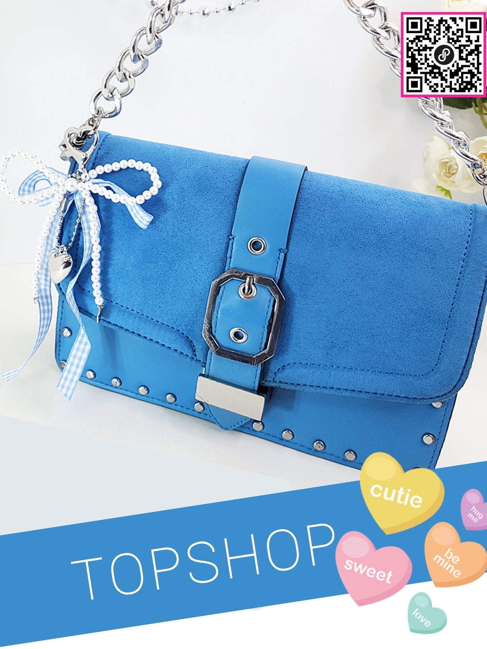 Topshop💙Blue Stud-Trim Clutch/Small Handbag W/Chain Short Handle